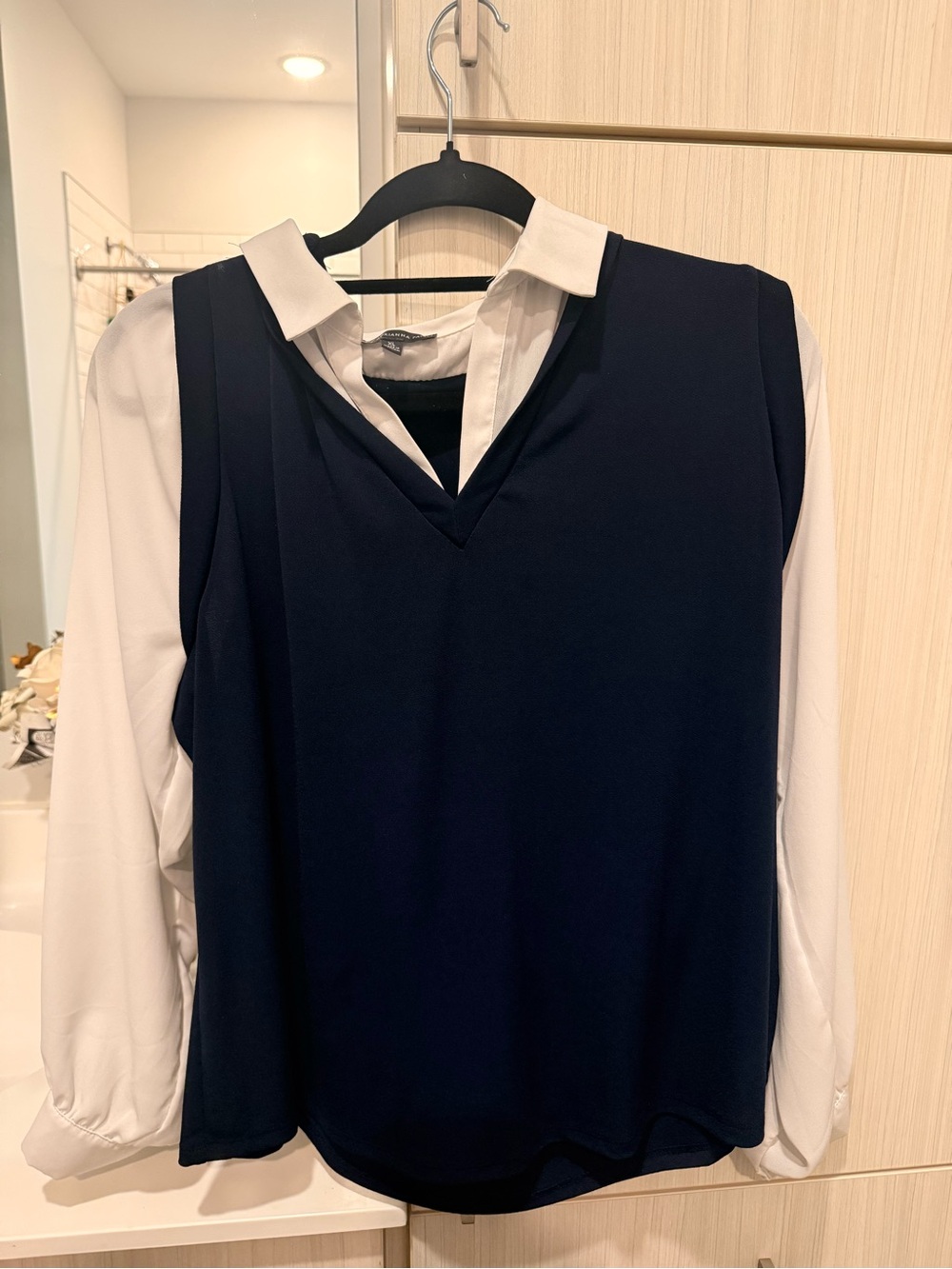 Adrianna Papell Navy V-Neck Layered Tunic with White Shirt Detail